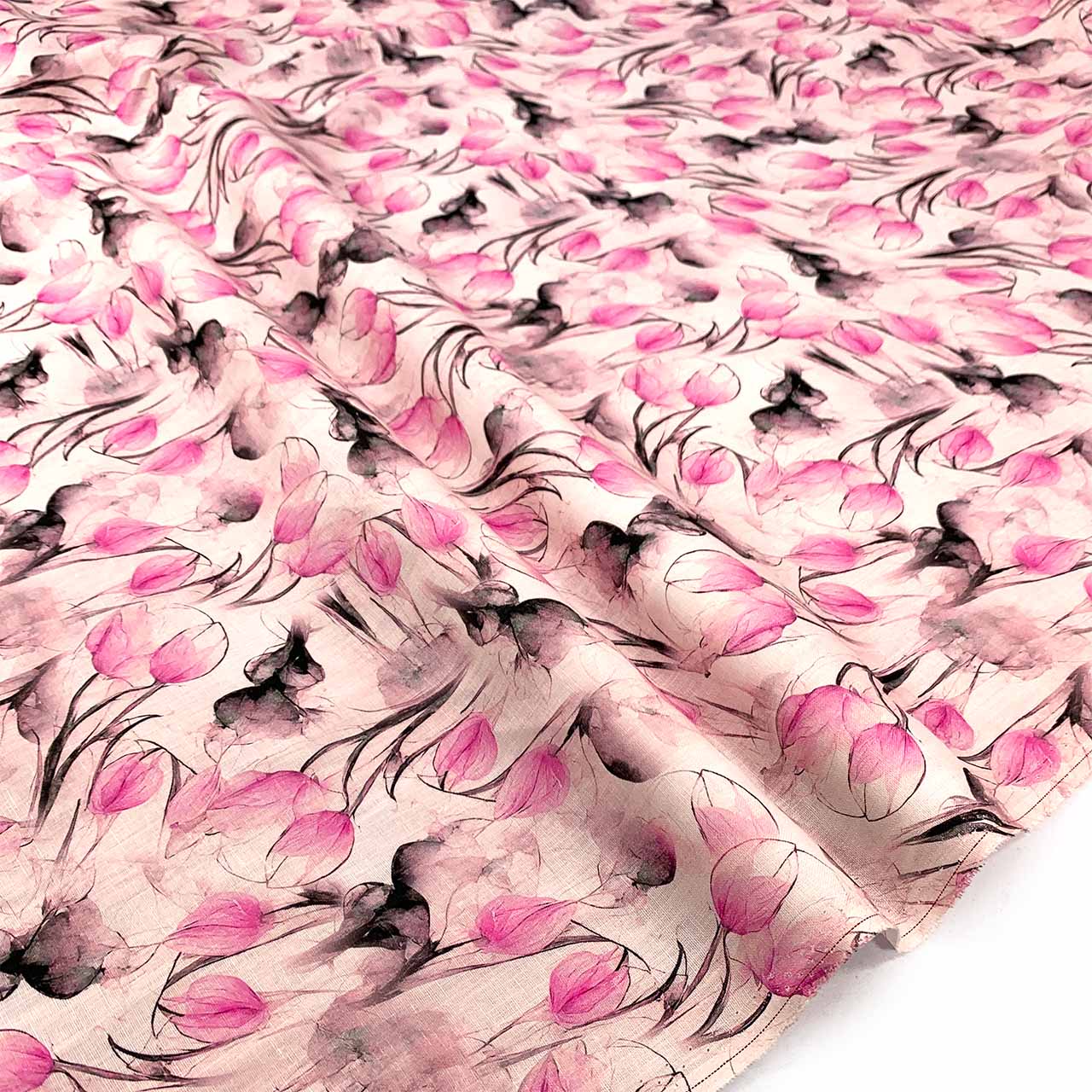 Tulip printed linen, pink bud tulip on pastel pink linen - Fabric Collection