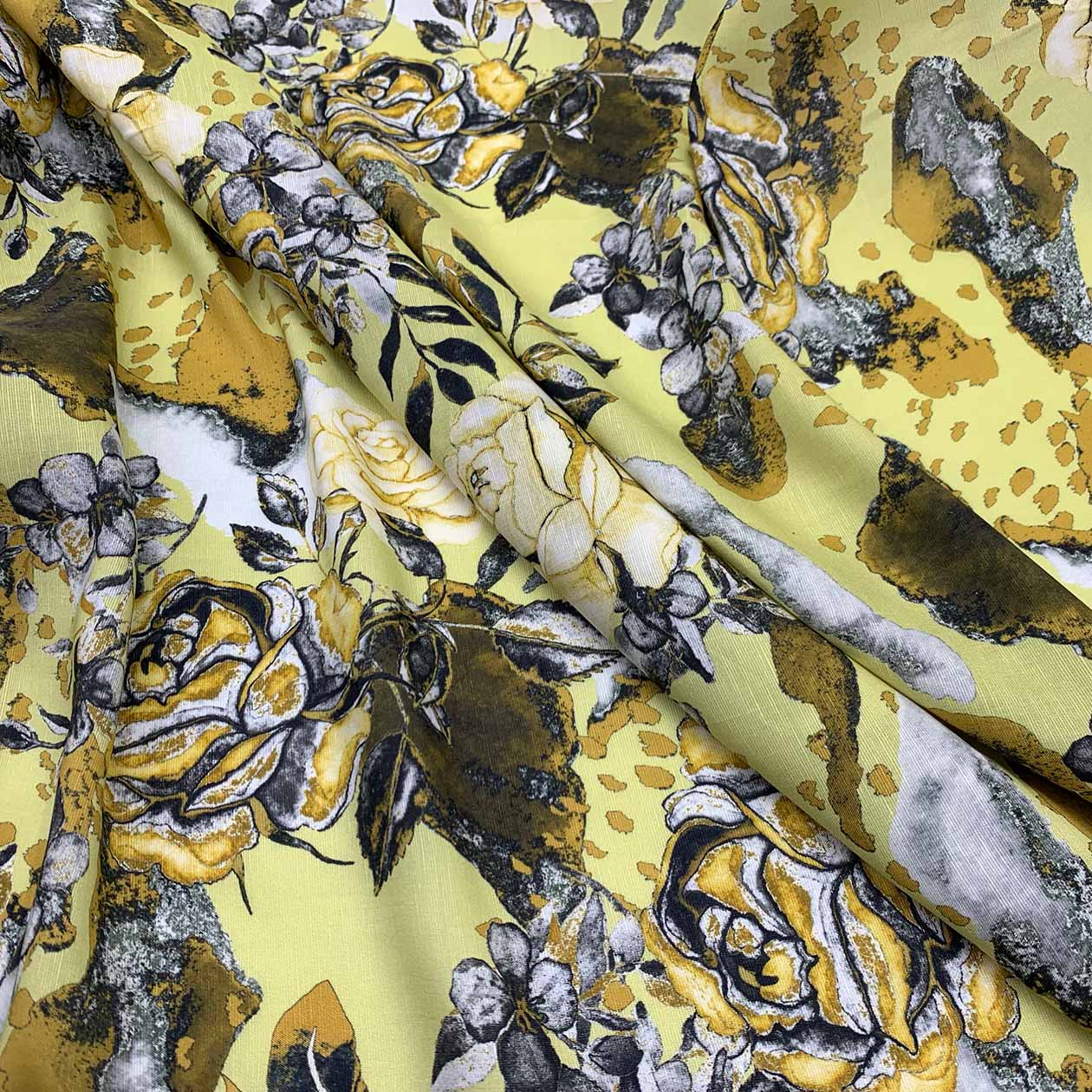 Linen Blend | Yellow Rose Abstract Print