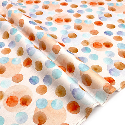 Polka dots printed linen ochre aqua multi colour on white linen - Fabric Collection