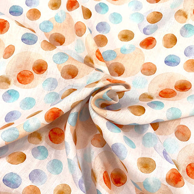 Linen Fabric with colorful polka dot pattern on a natural white background
