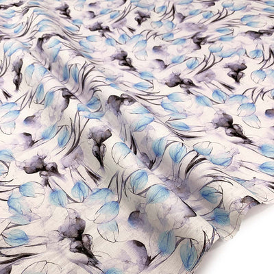 Printed Linen Blue tulip bud floral pattern on a white background - Fabric Collection