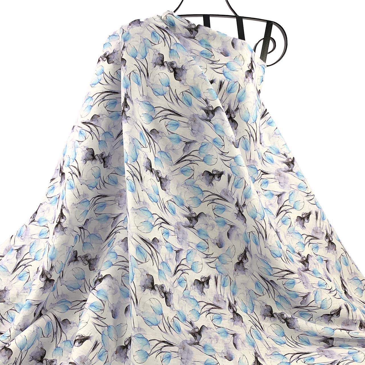Floral Blue Tulip Bud Printed Linen Fabric design draped against a white background