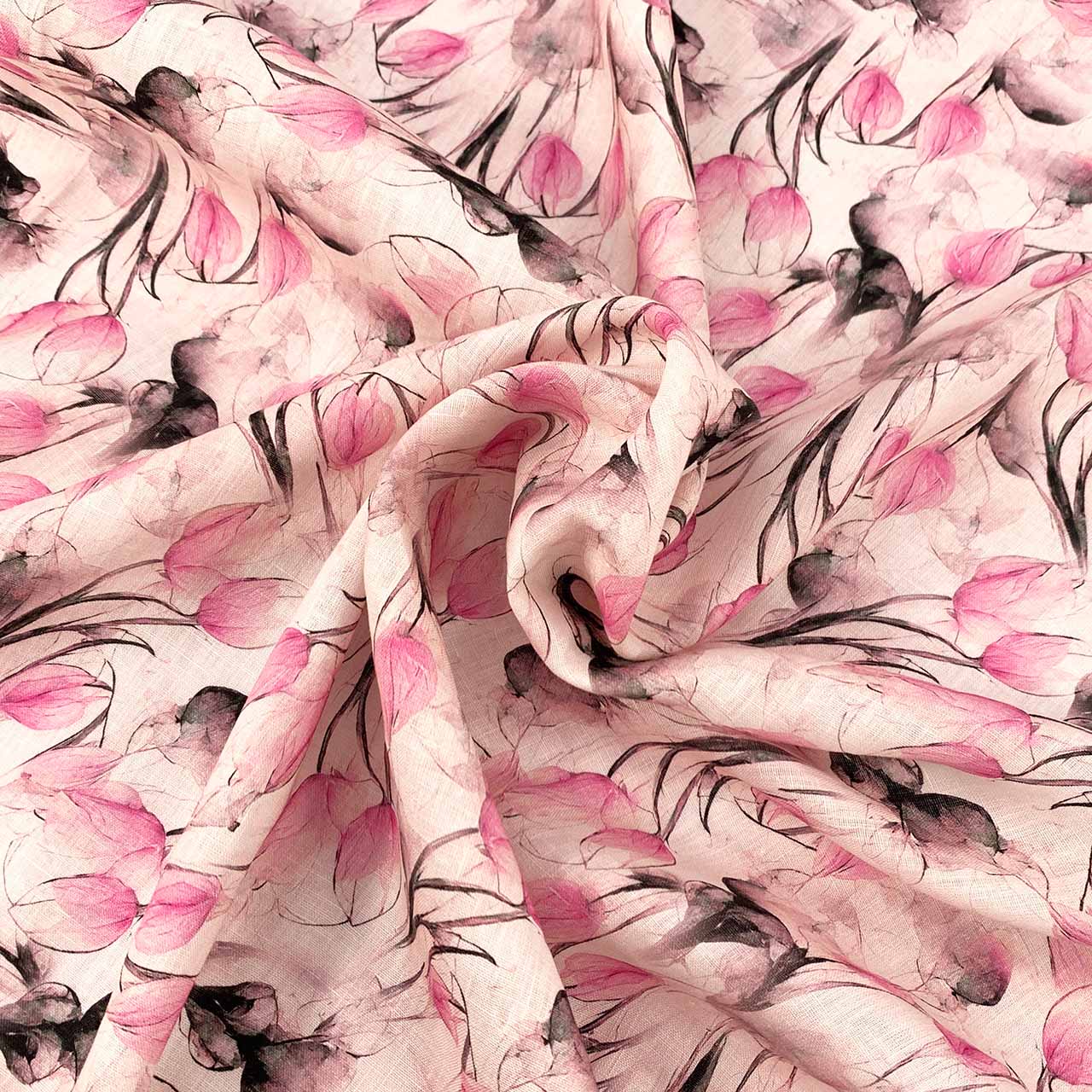 Printed Linen tulip bud floral pattern on a white background - Fabric Collection
