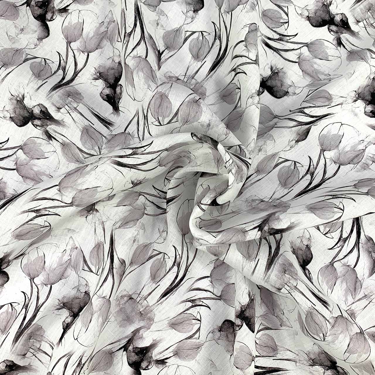 Floral Linen fabric with tulips in storm grey and white on a white background