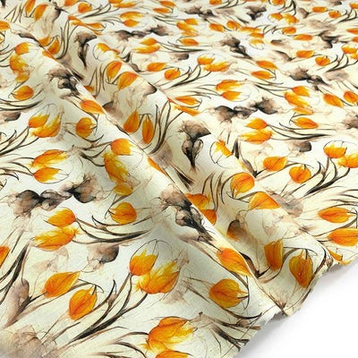 Tulip Bud Floral Printed Linen fabric with orange ochre tulips and brown leaves on a white background - Fabric Collection 