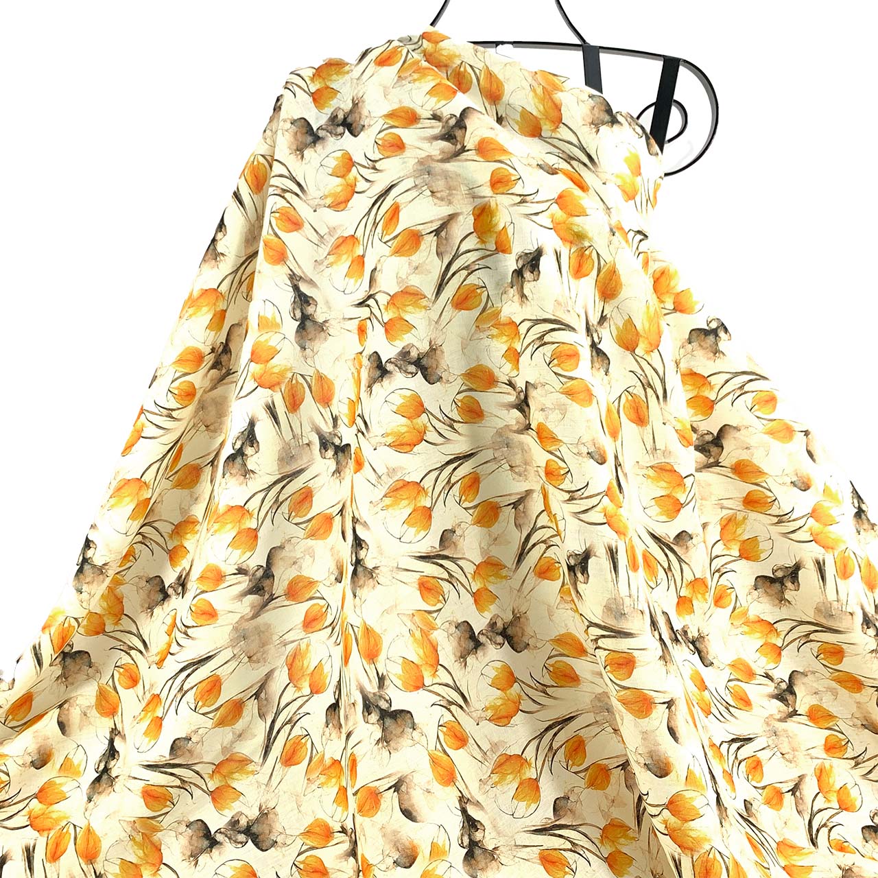 Floral Tulip Bud patterned linen fabric with orange and black flowers on a white background - Fabric Collection