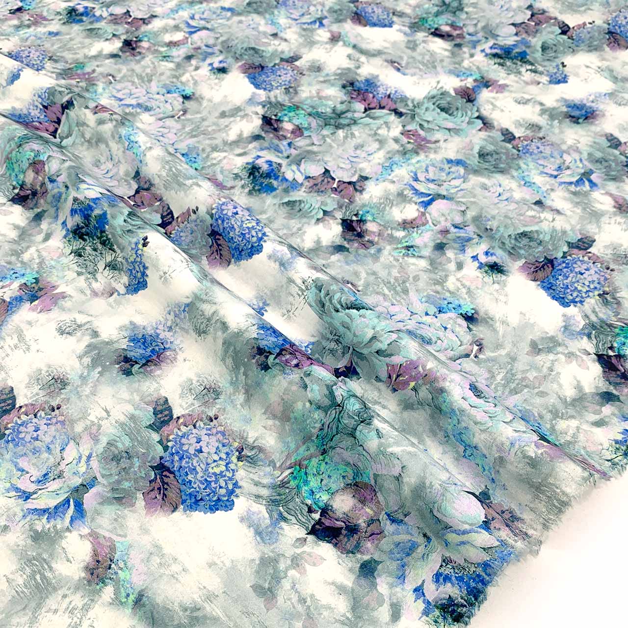 Blue Hydrangea floral printed linen, medium weight luxury fabric for sewing women's clothing - Fabric Collection