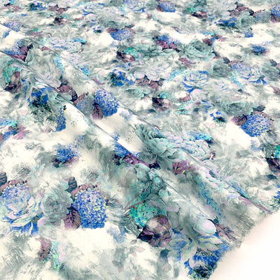 Blue Hydrangea floral printed linen, medium weight luxury fabric for sewing women's clothing - Fabric Collection