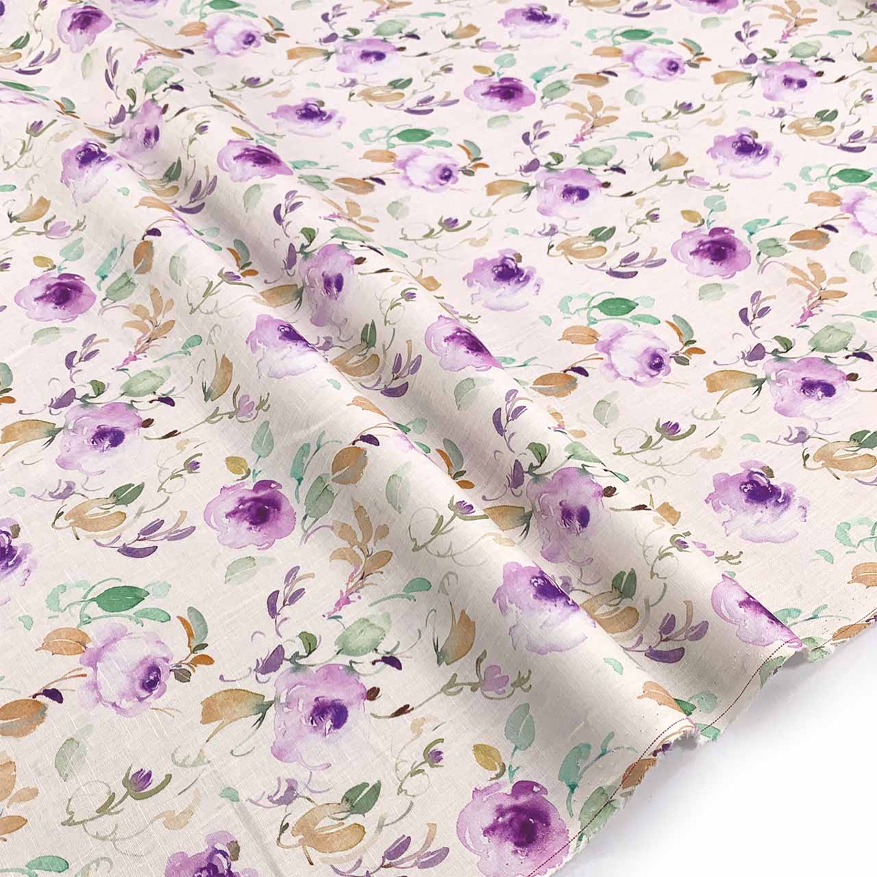Garden Rose Lilac Printed Linen Fabric 