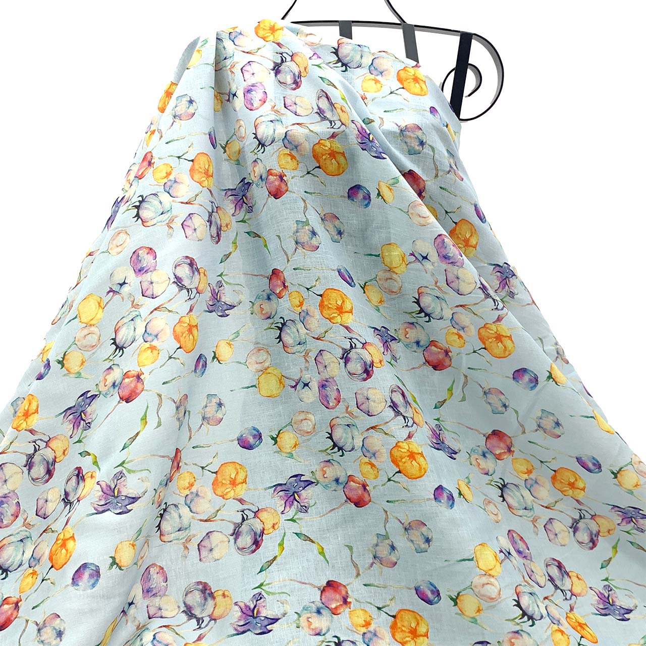 Floral linen fabric with colorful flowers on a light blue background - Fabric Collection