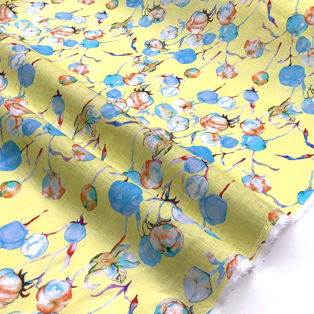 Linen Fabric with colorful floral pattern on a yellow background - Fabric Collection