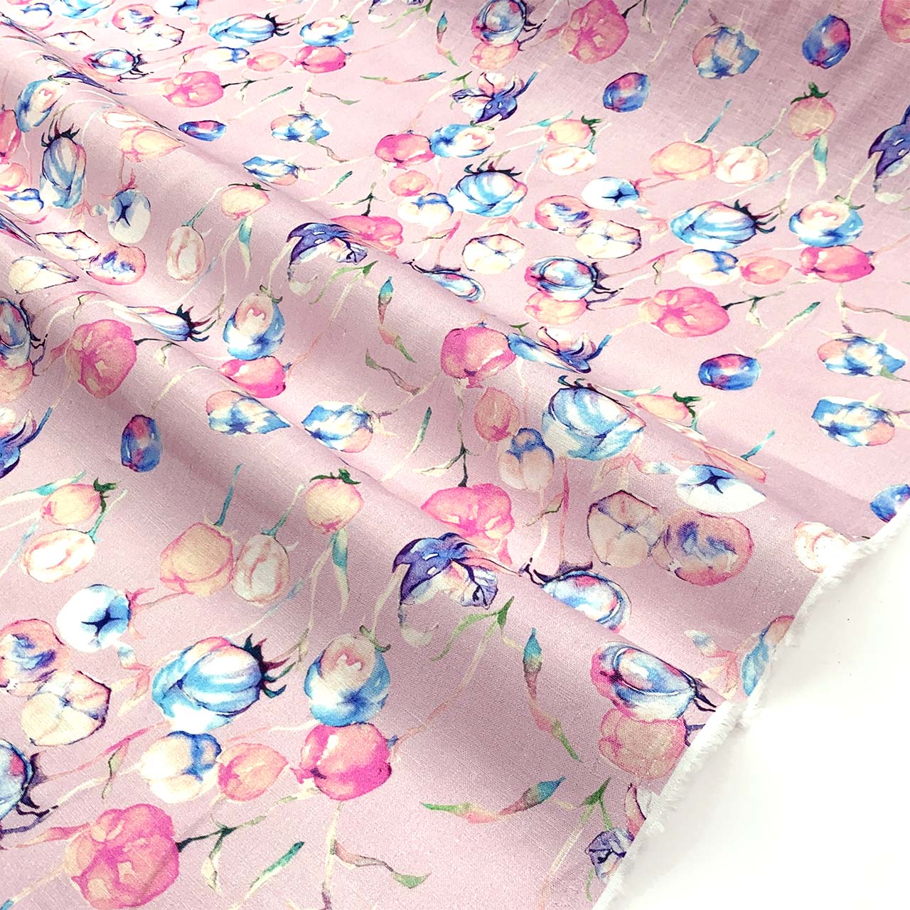 Floral linen fabric with colorful flowers on a pink background - Fabric Collection