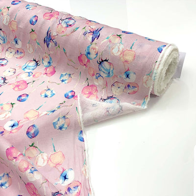 Pink linen fabric with colorful floral pattern on a white background - Fabric Collection