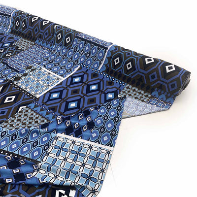 Jersey knit blue geometric patterned fabric  on a white background - Fabric Collection