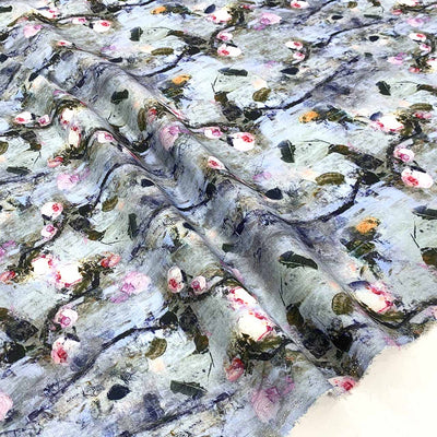 blue printed floral linen fabric rose bud pattern printed linen fabric - Fabric Collection