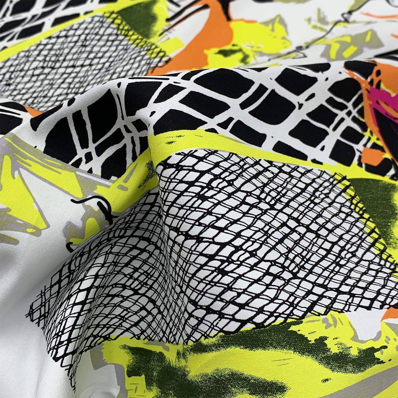 Cotton Stretch Sateen | Fuchsia, Black & Yellow Abstract Print