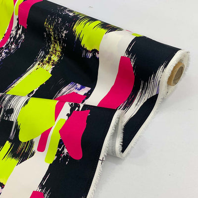 bright pink yellow black printed cotton sateen abstract collage fabric collection