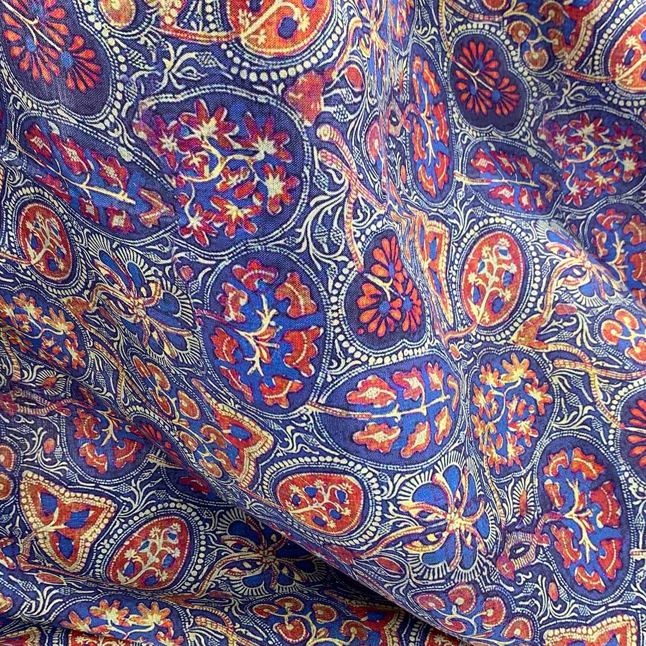 printed linen abstract pattern sapphire tan rust colour fabric
