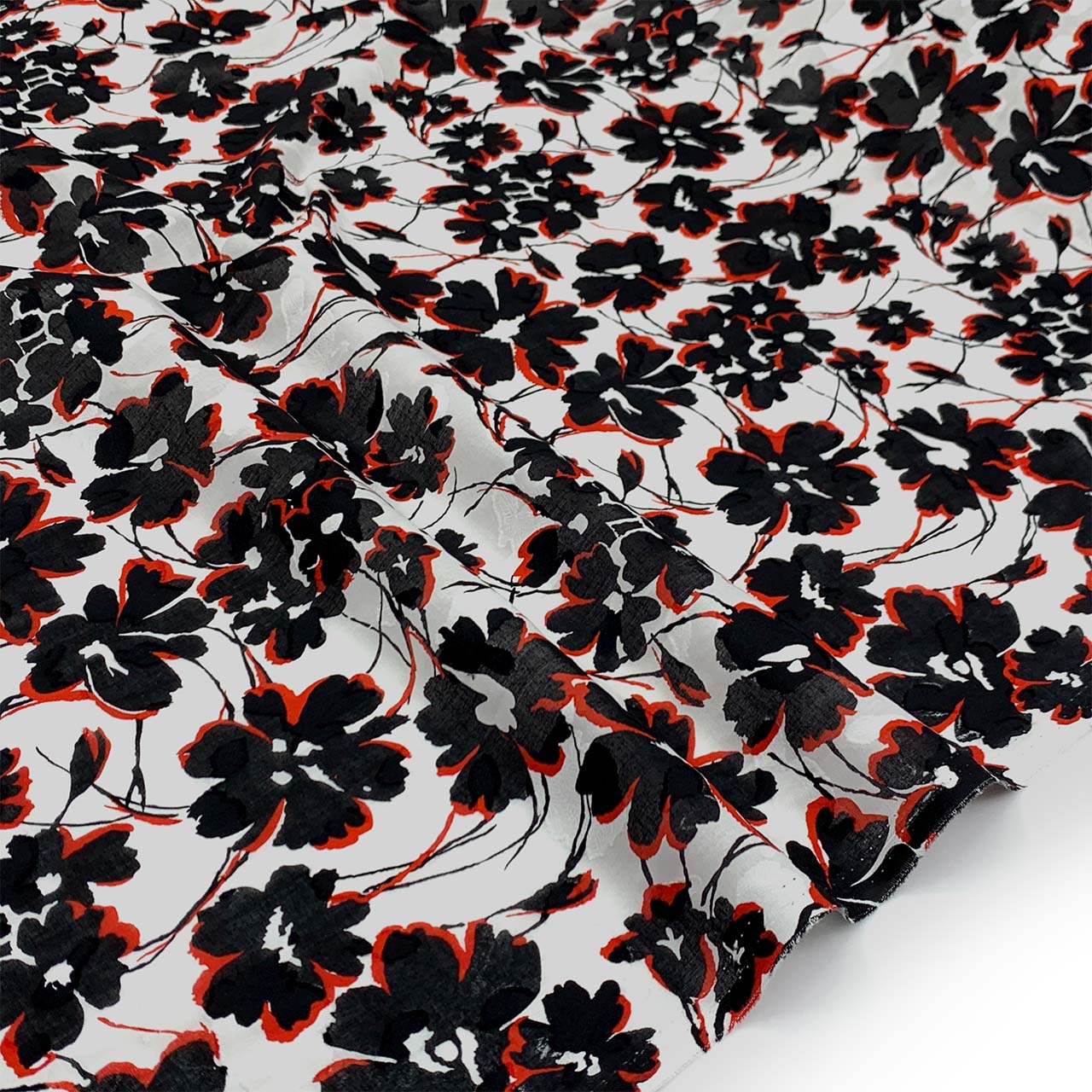 Cotton Voile Jacquard | Red, Black & White Floral Print