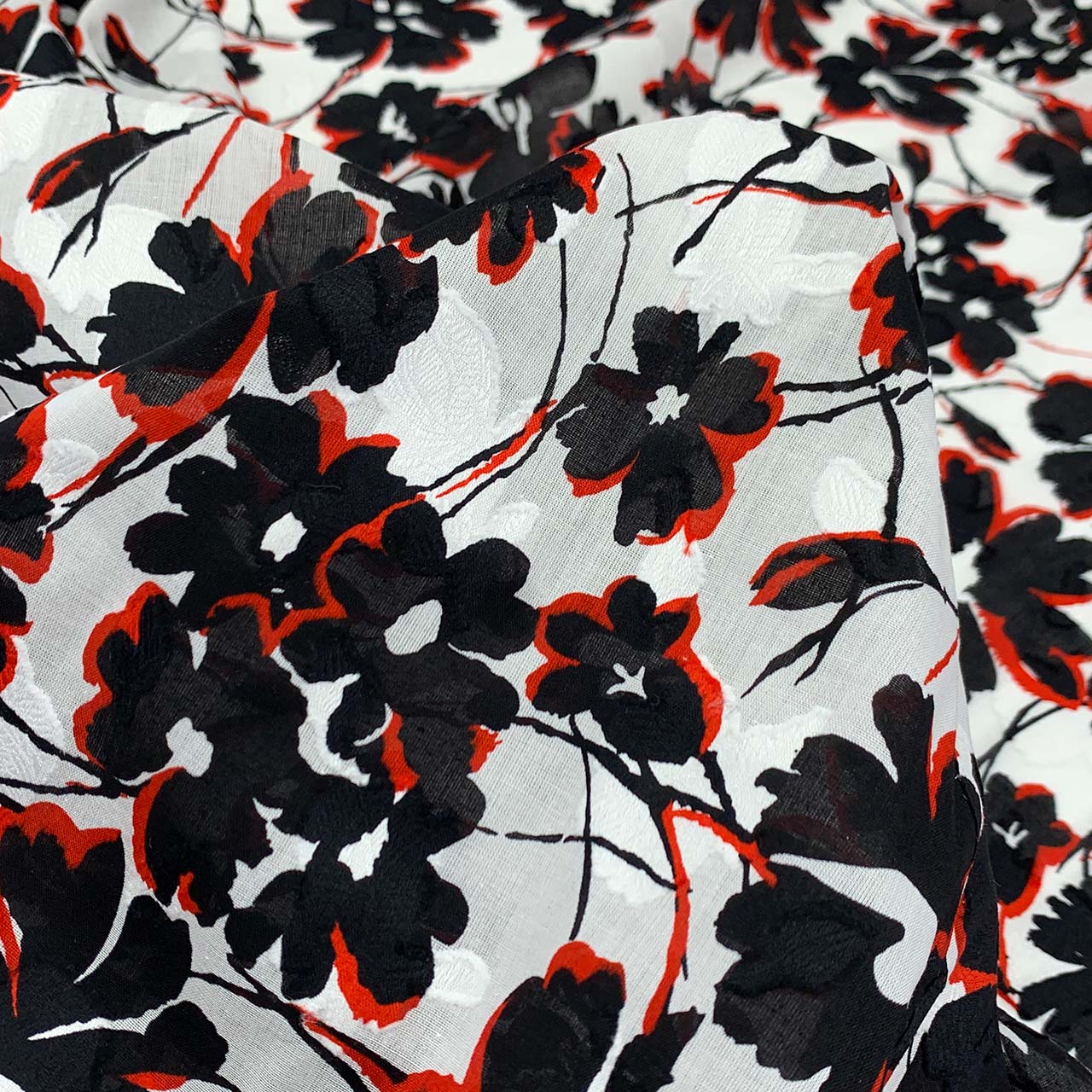 Cotton Voile Jacquard | Red, Black & White Floral Print