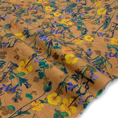 floral yellow blue printed linen fabric