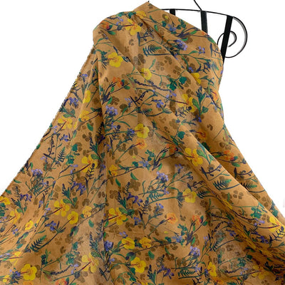 draped dark tan floral yellow blue pattern printed linen 