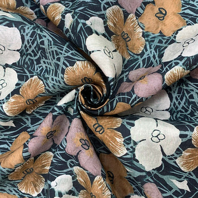 Floral Printed Linen | Forest Green, Beige & Tan