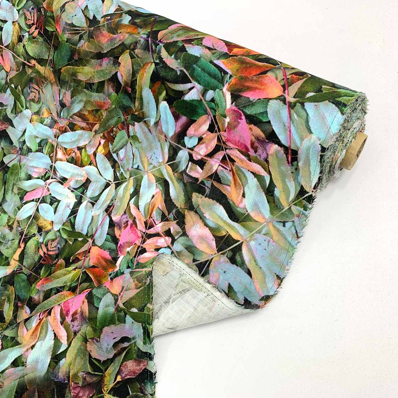 leaf printed linen fabric green aqua pink leaf pattern linen italian linen fabric - fabric collection