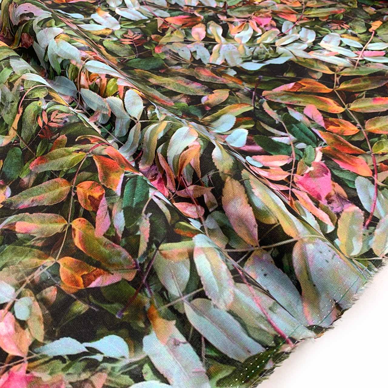 botanical leaf printed linen fabric green aqua leaf print linen fabric -Fabric Collection