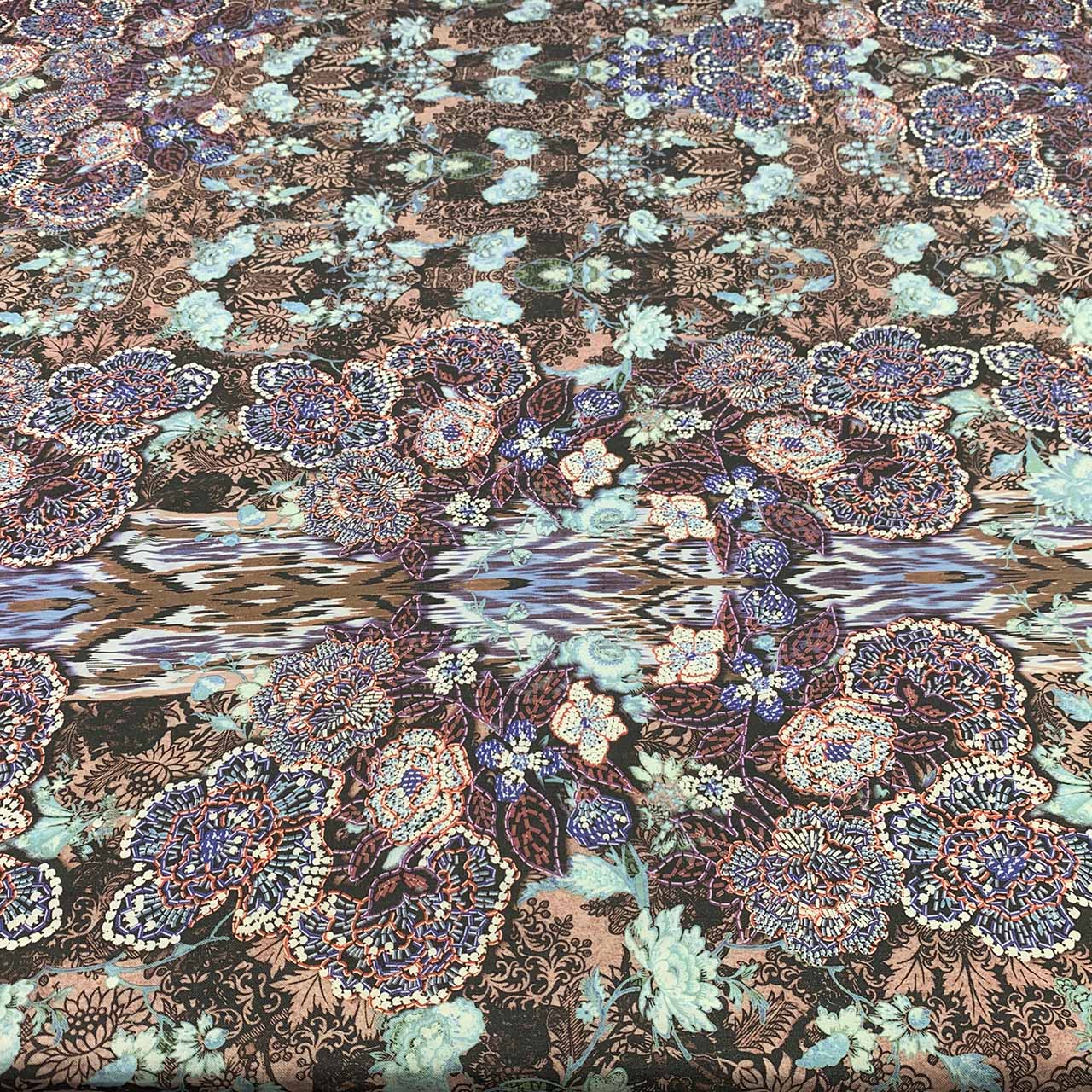 italian printed wool fabric impressionist artwork blue brown taupe