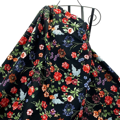 Italian Cotton Stretch Sateen | Multi-Coloured Floral Print Black