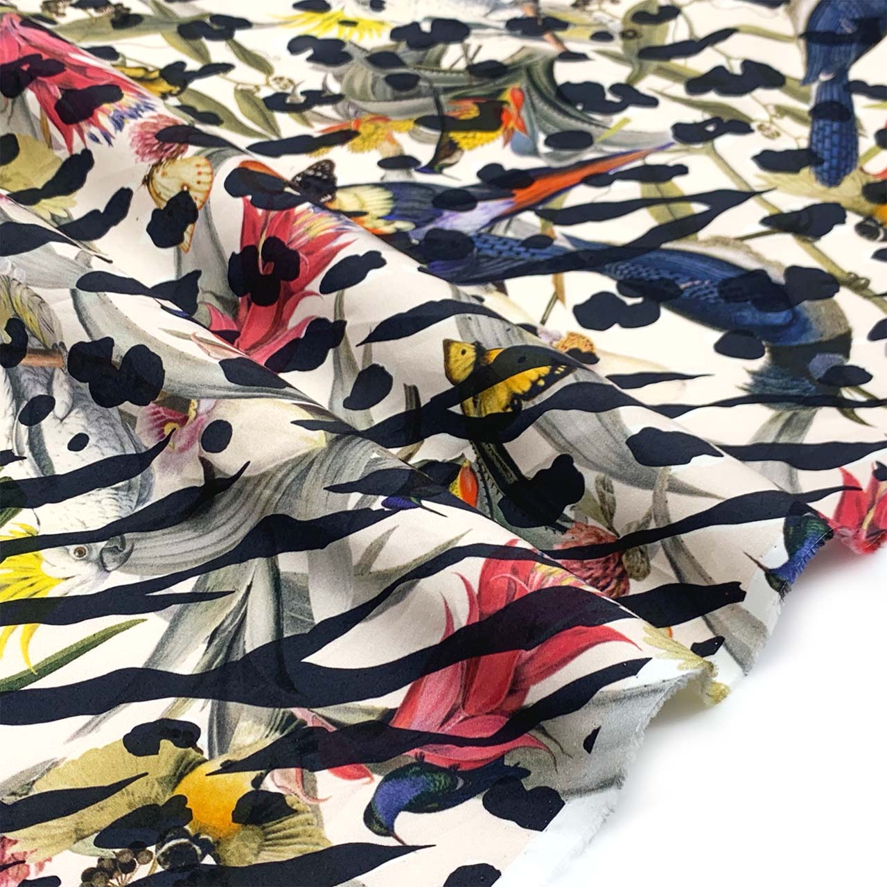 Italian Cotton Stretch Sateen | 1.8 mtr Remnant Multi-Coloured Birds and Butterfly Stripe Print