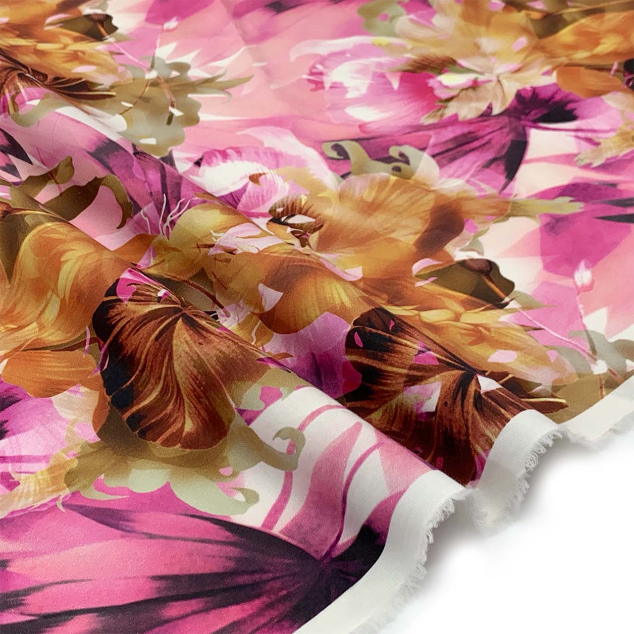 Italian Cotton Stretch Sateen | Luxe Pink, White and Ochre Leaf Print