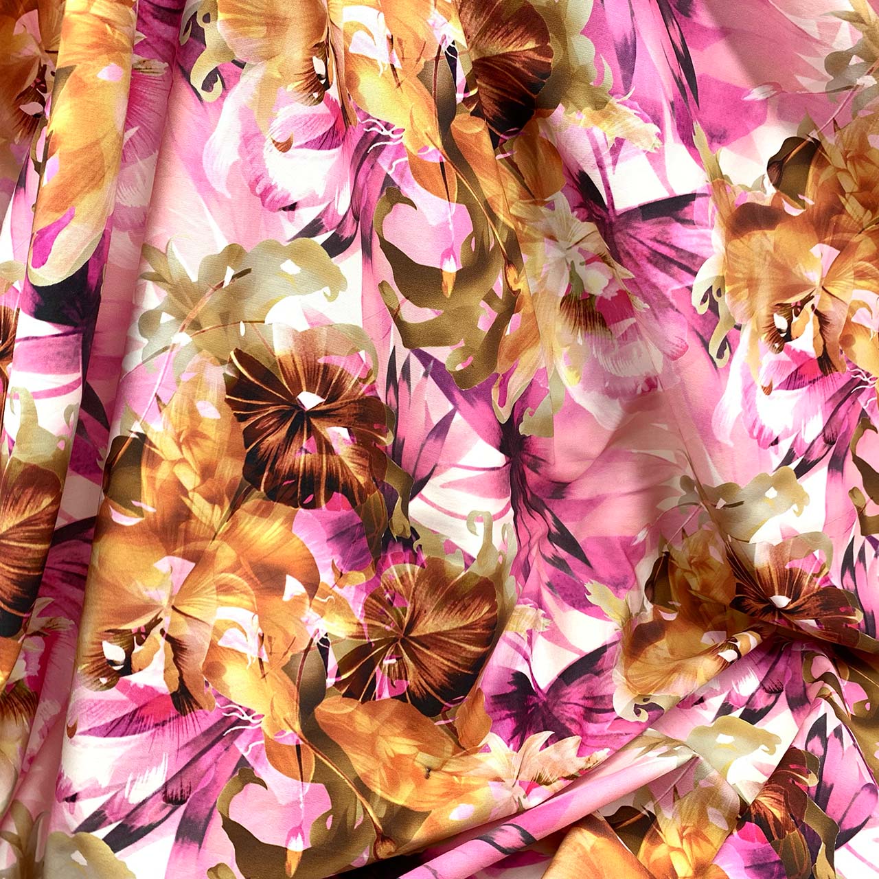 Italian Cotton Stretch Sateen | Luxe Pink, White and Ochre Leaf Print