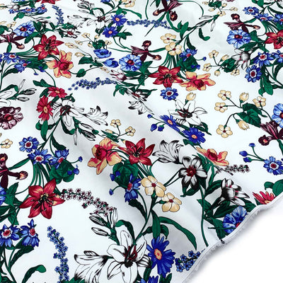 Italian Cotton Stretch Sateen | Multi-Coloured Emerald Floral Print White