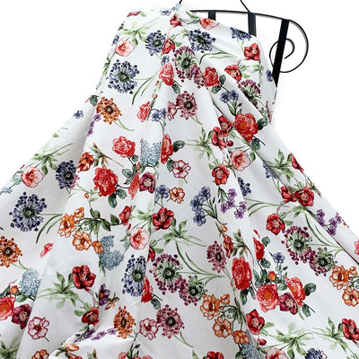 Italian Cotton Stretch Sateen | Multi-Coloured Red Floral Print White