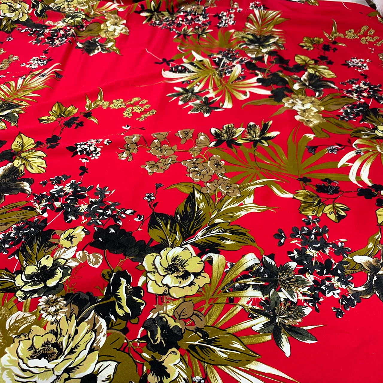 Italian Cotton Stretch Sateen | Red, Olive & Black Floral Print