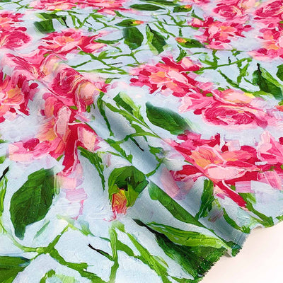 Blue printed linen bold pink floral print linen - Fabric Collection