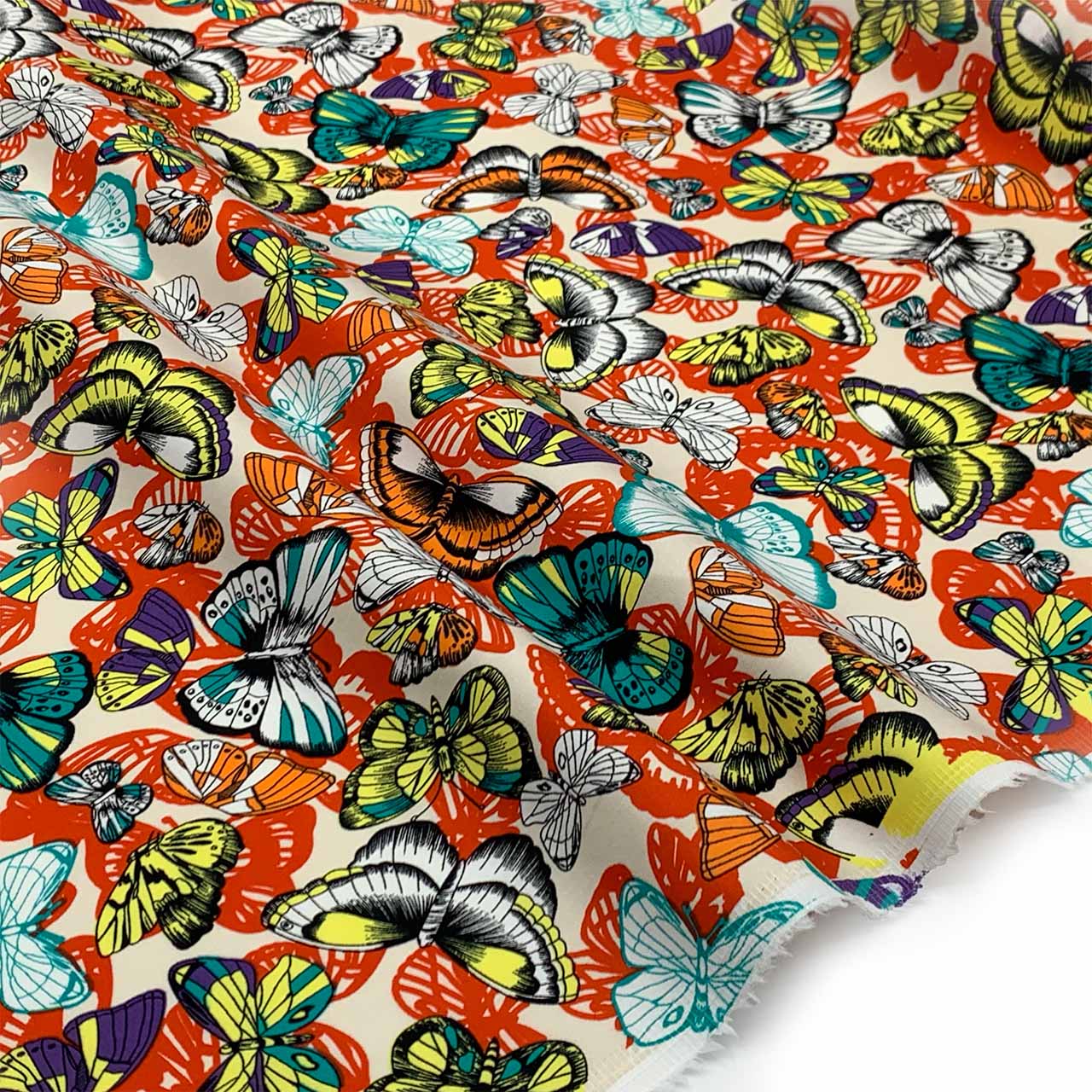 Orange, Teal & Yellow Butterfly Print Stretch Cotton Sateen | Cream