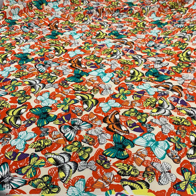 Orange, Teal & Yellow Butterfly Print Stretch Cotton Sateen | Cream