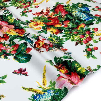 Red, Green & Pink Rose Floral Print Stretch Cotton Sateen | White