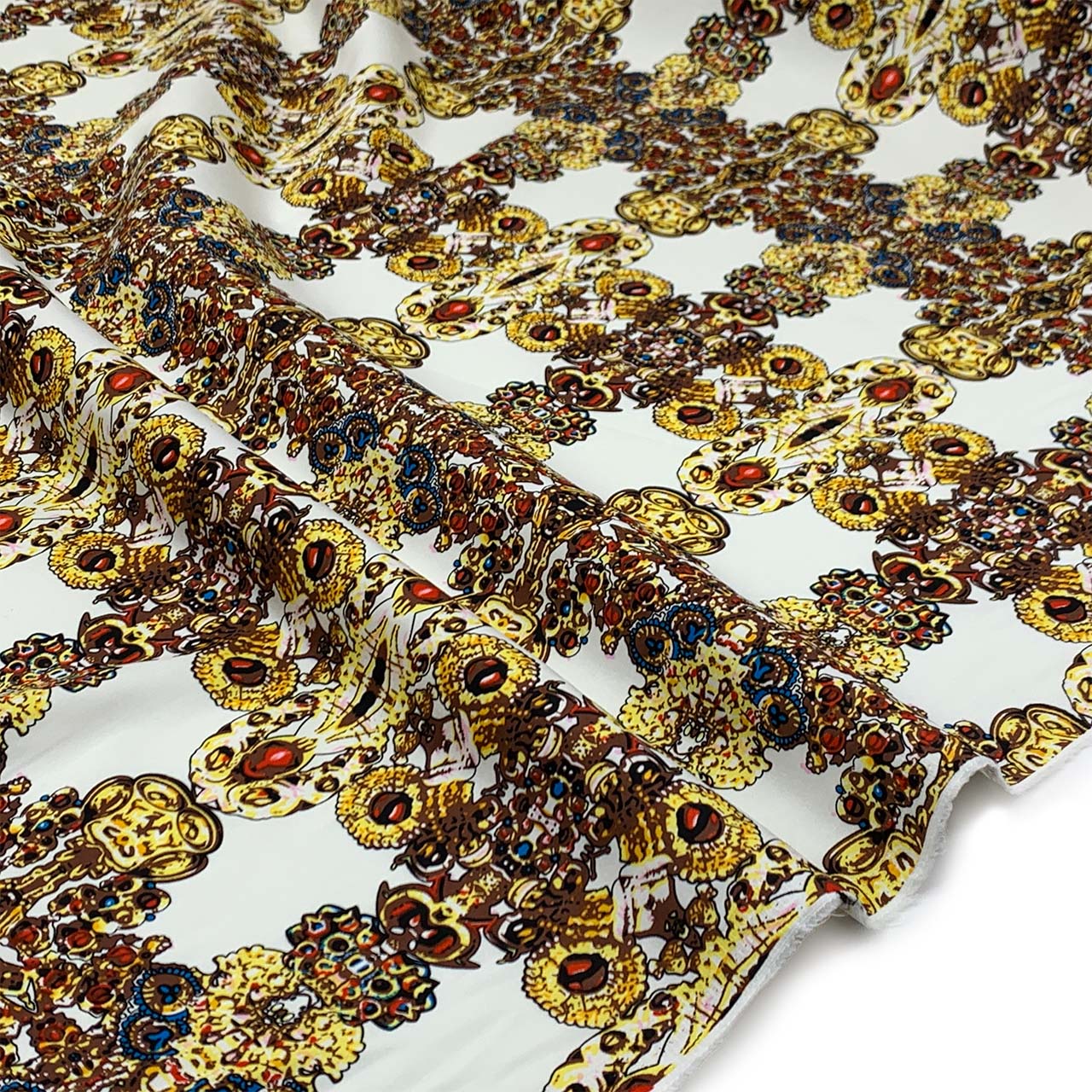Cotton Stretch Sateen | Gold, Brown & White Abstract Jewel Print